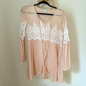 Tassel Lace Crochet Long Sleeve Peach Pink Swing Babydoll Dress